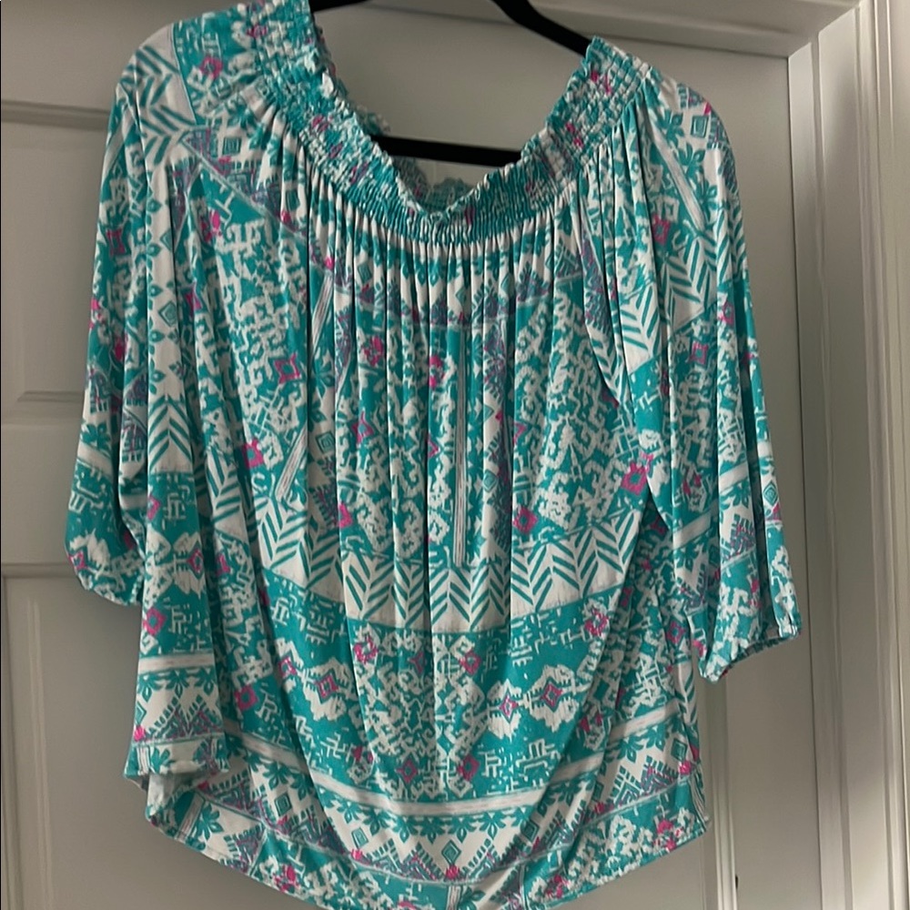 Floral Off-Shoulder Top in Teal and Pink